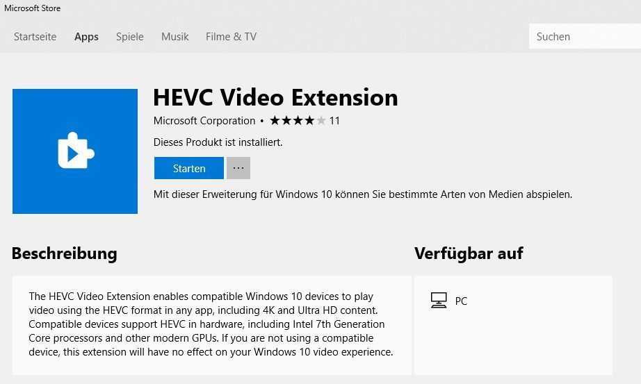 Nach dem Installieren der HEVC Video Extension laufen auch 4K-HEVC-Videos in der Filme&TV-App ruckelfrei -- kompatible Hardware vorausgesetzt.