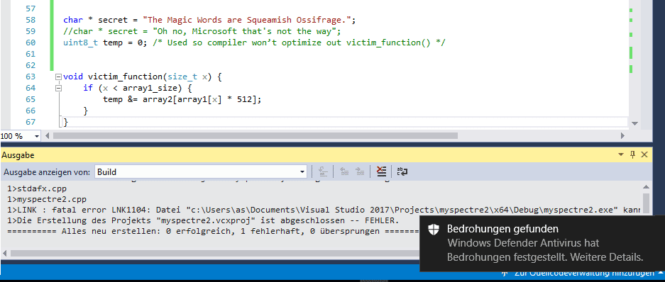 Keine Chance mehr, Programme mit "Squeamish Ossifrage" aus dem Visual Studio zu erstellen. Auch "malicious_x = %p" ist nicht erlaubt