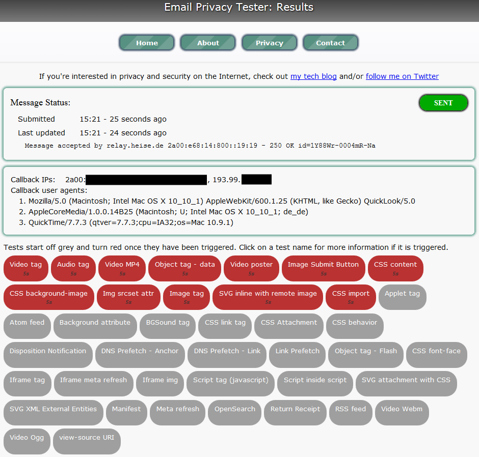 Spotlight fällt gleich auf mehrere Tracking-Tricks des Email Privacy Tester herein.