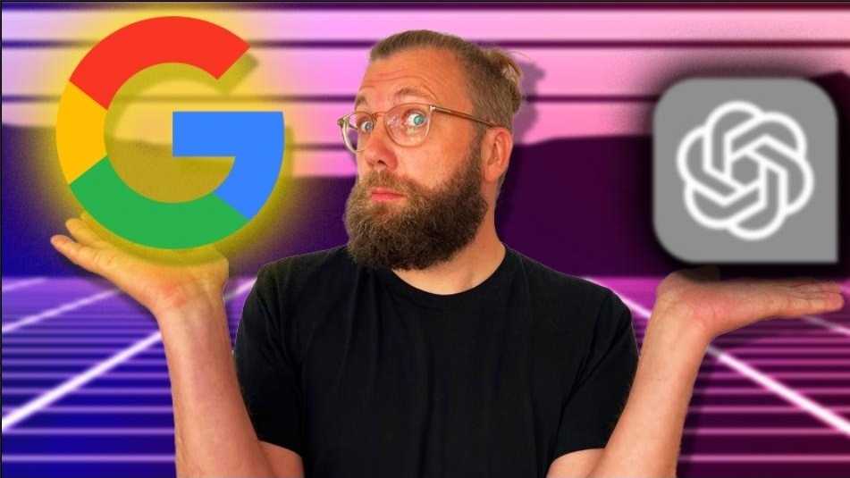Jan-Keno Janssen als Waage: in einer Hand das Google-Logo, in der anderen das OpenAI-Logo