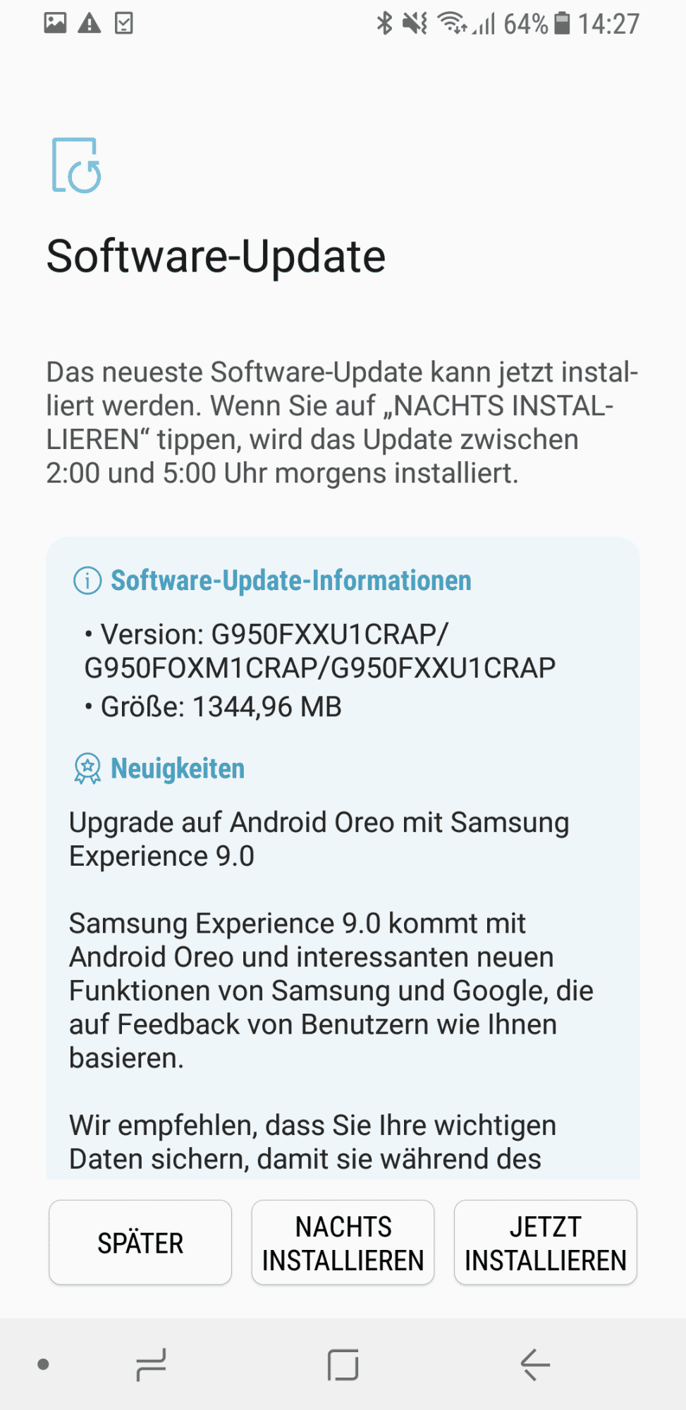 Das Update für das Galaxy S8 ist 1,3 GByte groß. Der Download startet nach einer manuellen Update-Suche.
