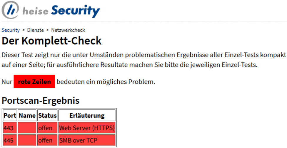 Roter Alarm: Der Netzwerkcheck von heise Security spürt Dienste auf, die unter Ihrer IP-Adresse öffentlich erreichbar sind. In diesem Beispiel sind die Ports 443 (üblicherweise HTTPS) und 445 (SMB) ansprechbar.