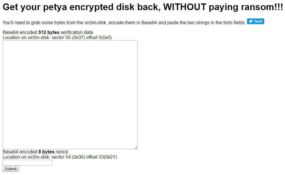 Auf einer Webseite können Petya-Opfer kostenlos ein Passwort generieren, um den Sperrbildschirm zum umgehen und ihre Daten zu entschlüsseln.