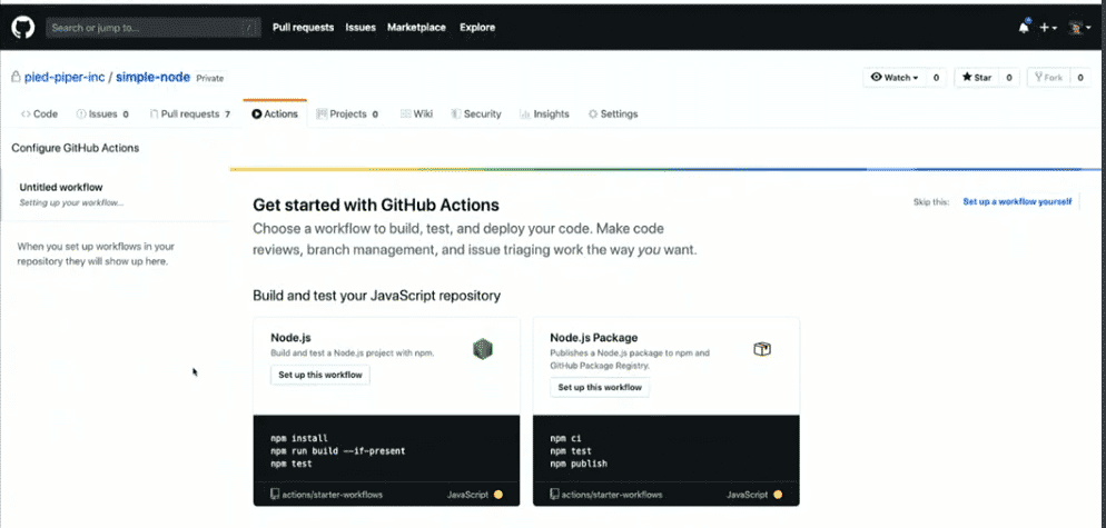 GitHub hat in einem Projekt JavaScript erkannt und schlägt einen passenden Workflow vor.
